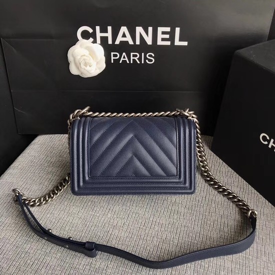 Chanel Le Boy Flap Shoulder Bag Original Caviar Leather P67085 dark blue silver Buckle