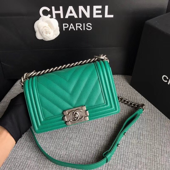 Chanel Le Boy Flap Shoulder Bag Original Caviar Leather P67085 green silver Buckle