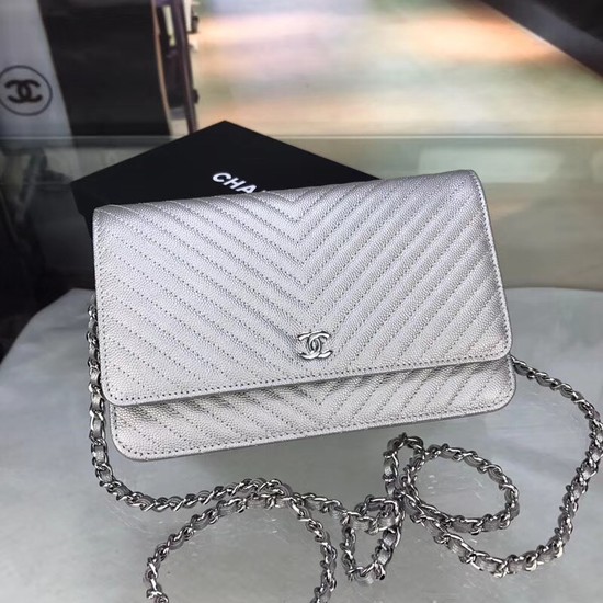 Chanel WOC Original Caviar Leather Flap cross-body bag E33814 silver