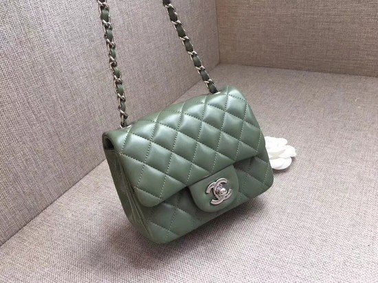 Chanel Classic MINI Flap Bag original Sheepskin Leather A1115 green silver chain