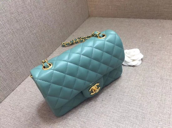 Chanel Classic MINI Flap Bag original Sheepskin Leather A1116 Light blue gold chain