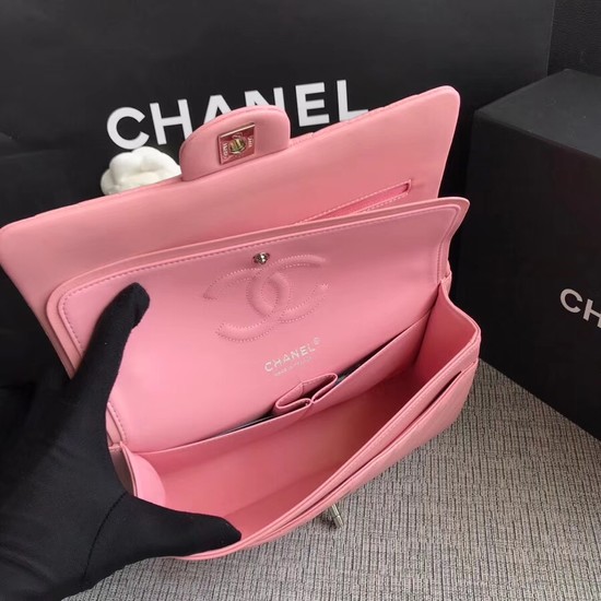 Chanel Flap Original Lambskin Leather Shoulder Bag 1112V Cherry Pink silver chain