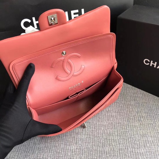 Chanel Flap Original Lambskin Leather Shoulder Bag 1112V watermelon red silver chain