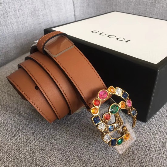 Gucci Leather belt with crystal Double G buckle 513183 Camel