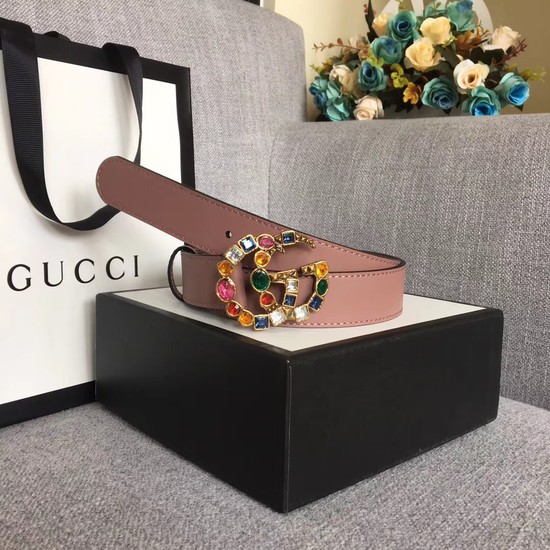 Gucci Leather belt with crystal Double G buckle 513183 dark pink