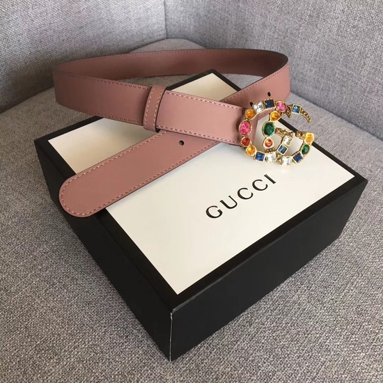 Gucci Leather belt with crystal Double G buckle 513183 dark pink