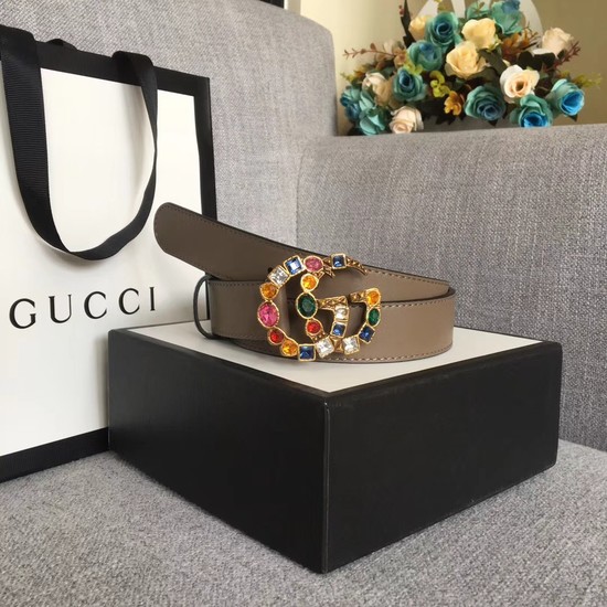 Gucci Leather belt with crystal Double G buckle 513183 grey