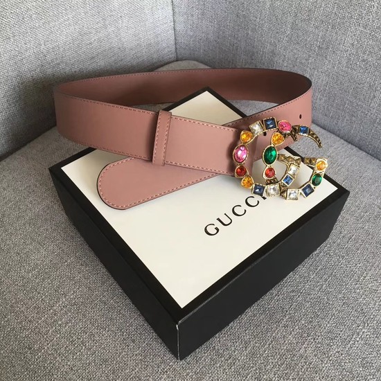 Gucci Leather belt with crystal Double G buckle 513184 dark pink