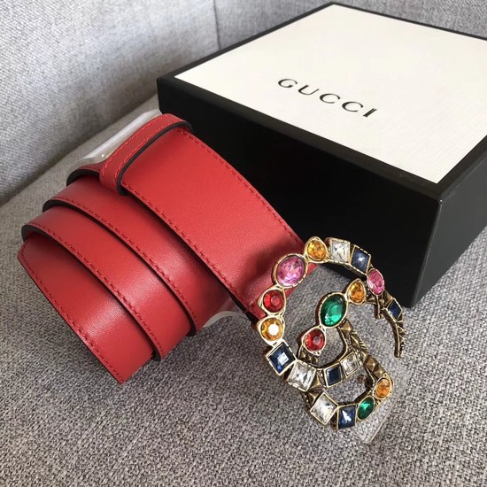 Gucci Leather belt with crystal Double G buckle 513184 red