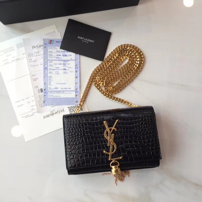 SAINT LAURENT Monogram Kate small crocodile-embossed leather shoulder bag 354120 Black