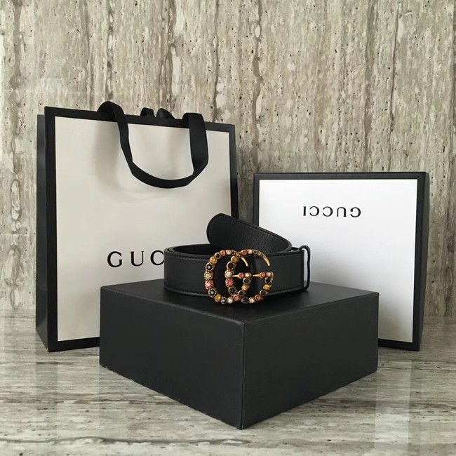 Gucci Leather belt with crystal Double G buckle 480199 black