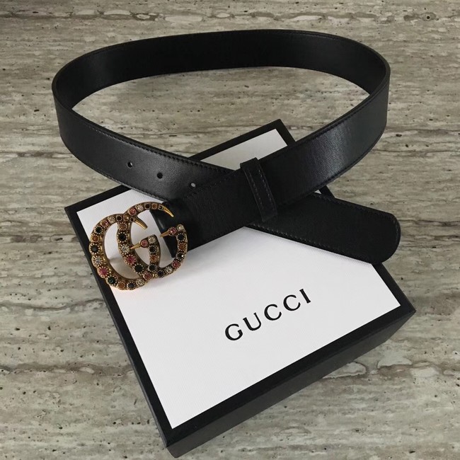 Gucci Leather belt with crystal Double G buckle 480199 black