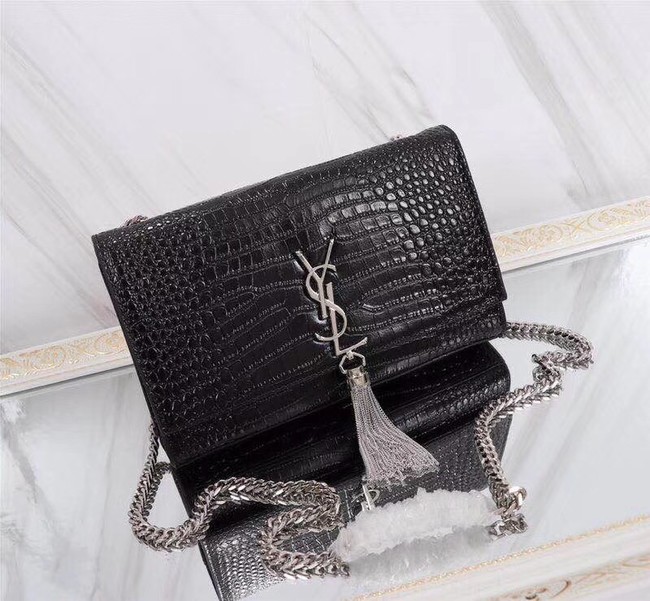 SAINT LAURENT Kate monogram medium crocodile-embossed leather shoulder bag 9288 black