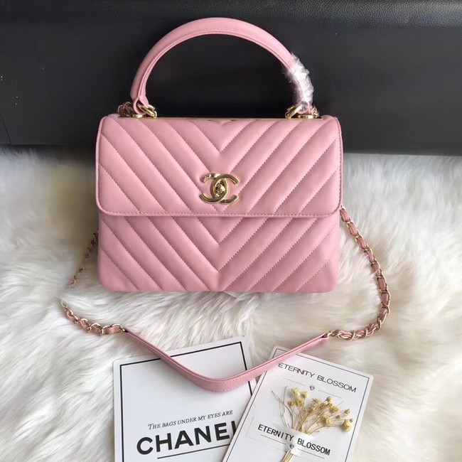 Chanel CC original lambskin top handle flap bag A92236V pink Gold Buckle