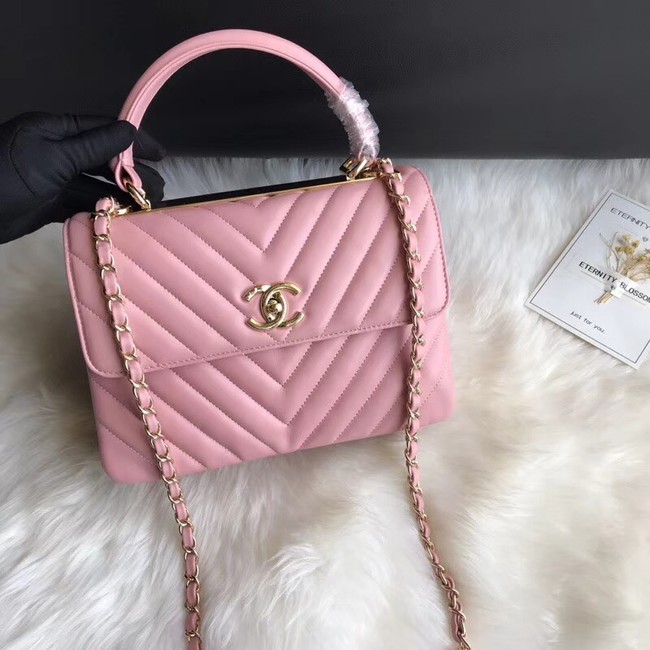 Chanel CC original lambskin top handle flap bag A92236V pink Gold Buckle