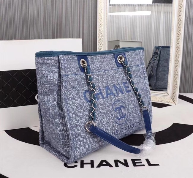 Chanel Canvas Shopping Bag Calfskin & Silver-Tone Metal A23556 blue