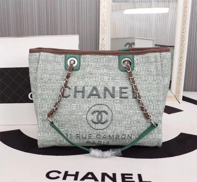 Chanel Canvas Shopping Bag Calfskin & Silver-Tone Metal A23556 green