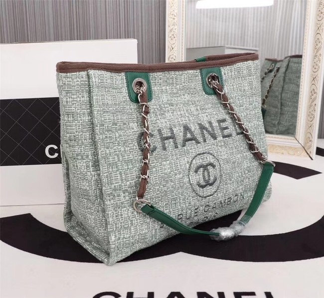 Chanel Canvas Shopping Bag Calfskin & Silver-Tone Metal A23556 green