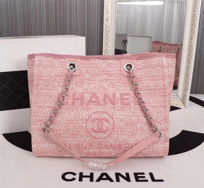 Chanel Canvas Shopping Bag Calfskin & Silver-Tone Metal A23556 pink