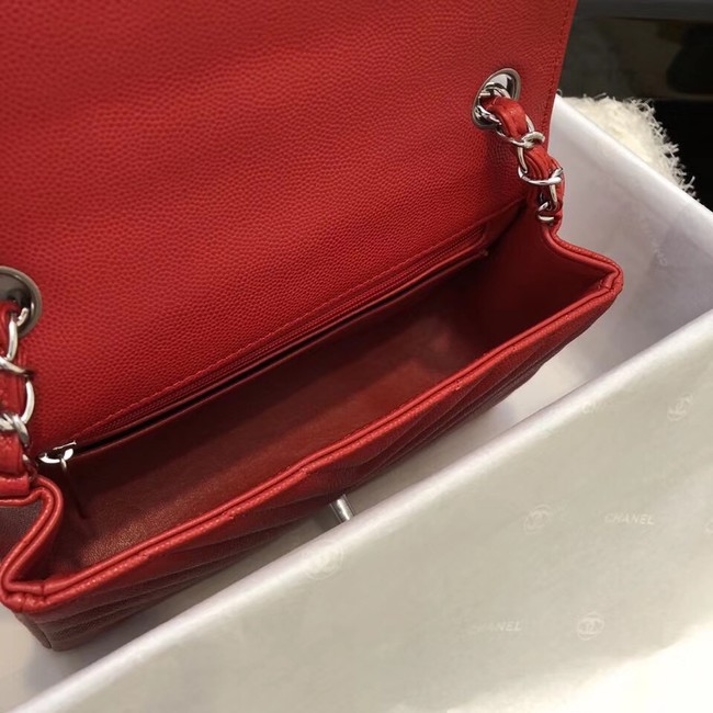 Chanel Small Classic Handbag Grained Calfskin & silver-Tone Metal A69900 red