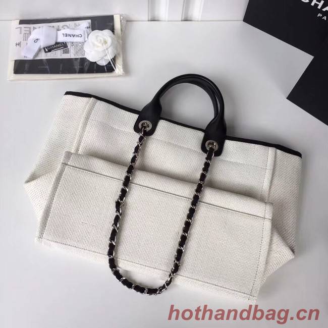 Chanel Original Tote Shopping Bag Canvas Calfskin & Silver-Tone Metal 92298 white