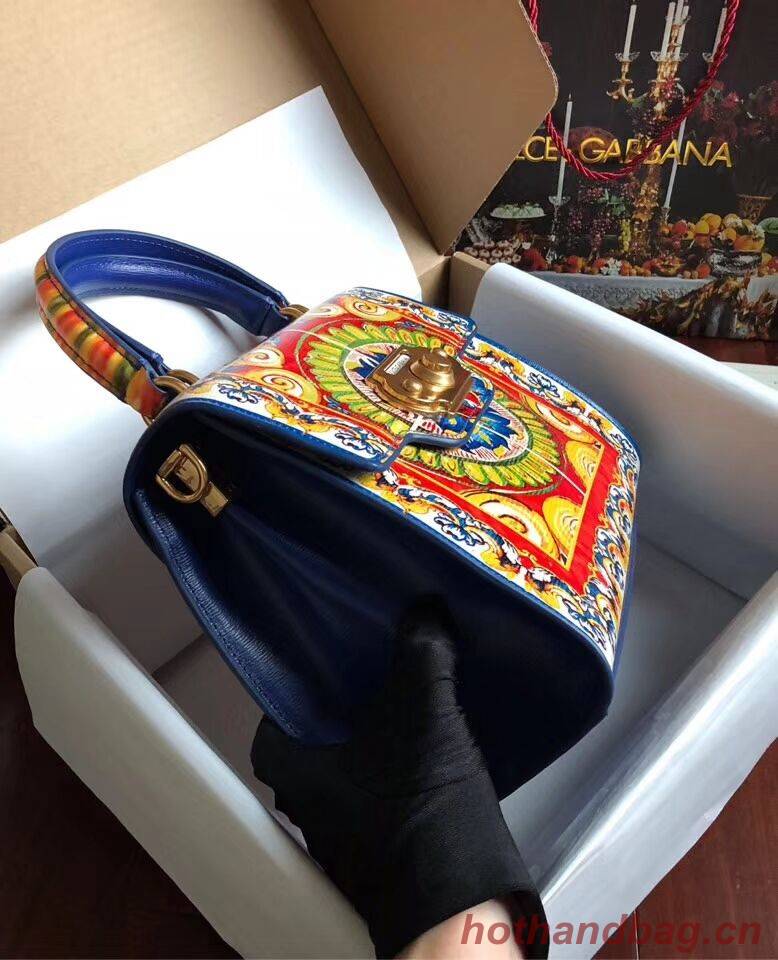 Dolce & Gabbana SICILY Chrysanthemum Calfskin Tote Bags 5588-2 blue