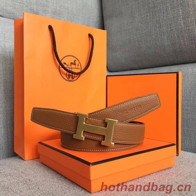 Hermes original togo 2 belt buckle & Reversible leather strap 32 mm H06454 brown  gold plated metal 