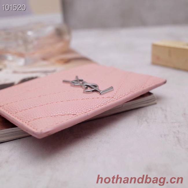 SAINT LAURENT Monogram leather card holder 88337 Rose Ballerine Silver-Tone Metal