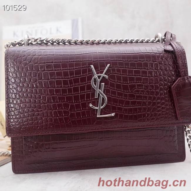 SAINT LAURENT Sunset croc-embossed leather shoulder bag 442906 Burgundy