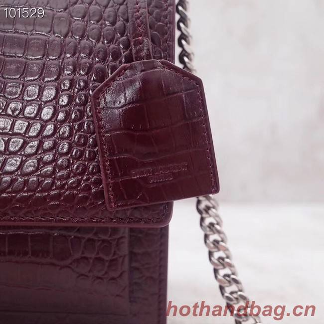 SAINT LAURENT Sunset croc-embossed leather shoulder bag 442906 Burgundy