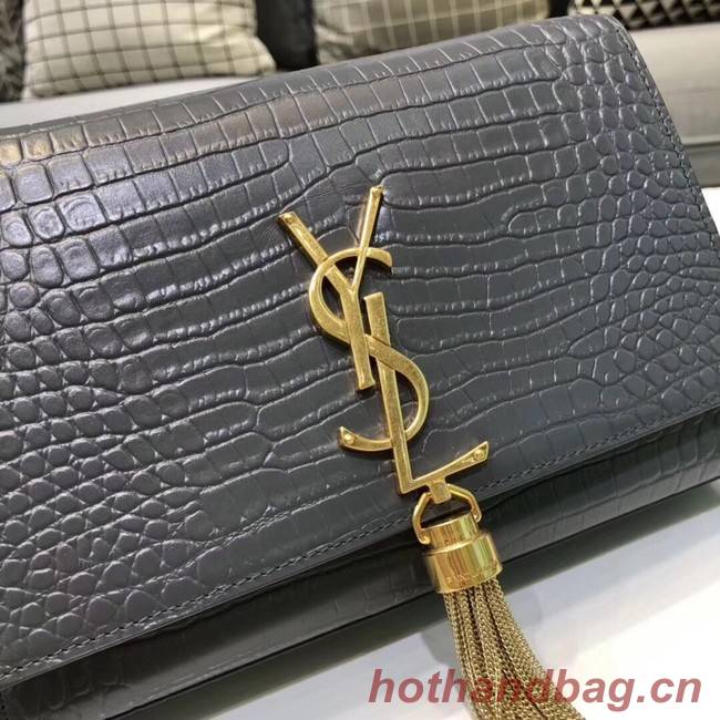 SAINT LAURENT Kate croc-embossed leather shoulder bag 474366 grey