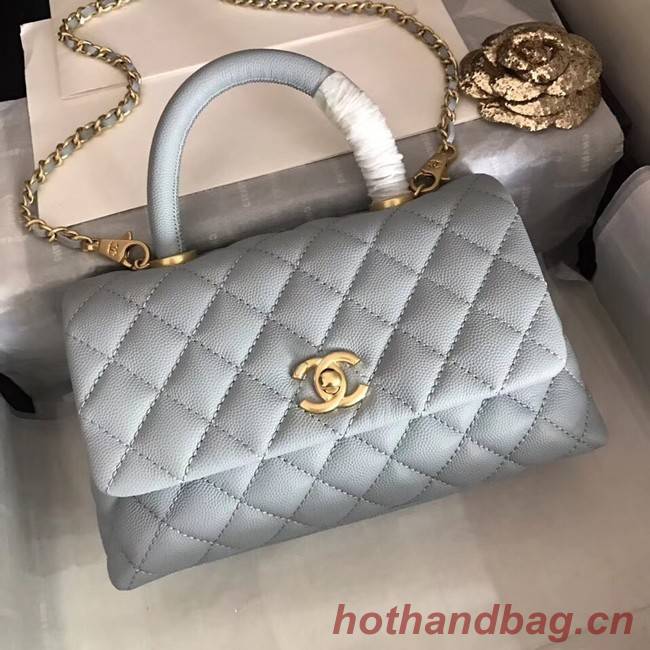 Chanel original Caviar leather flap bag top handle A92290 light blue&Gold-Tone Metal