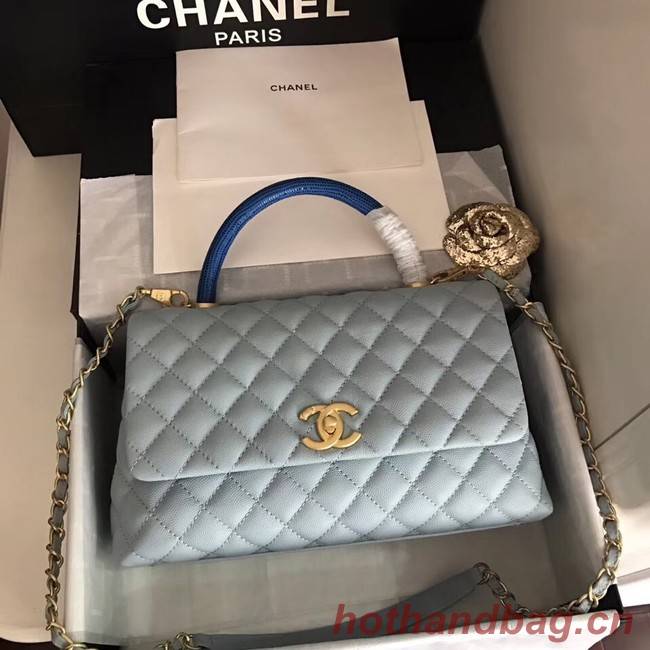 Chanel original Caviar leather flap bag top handle B92292 light blue&Gold-Tone Metal