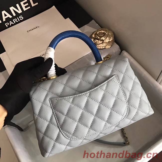 Chanel original Caviar leather flap bag top handle B92292 light blue&Gold-Tone Metal