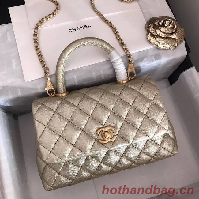 Chanel original Caviar leather flap bag top handle A92290 Light gold&Gold-Tone Metal