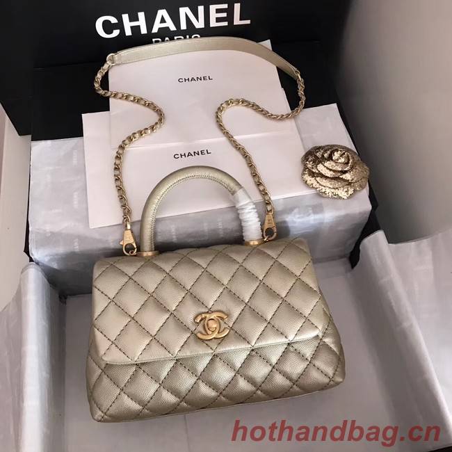 Chanel original Caviar leather flap bag top handle A92290 Light gold&Gold-Tone Metal