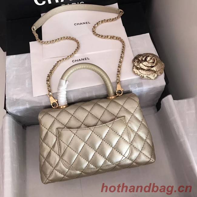 Chanel original Caviar leather flap bag top handle A92290 Light gold&Gold-Tone Metal