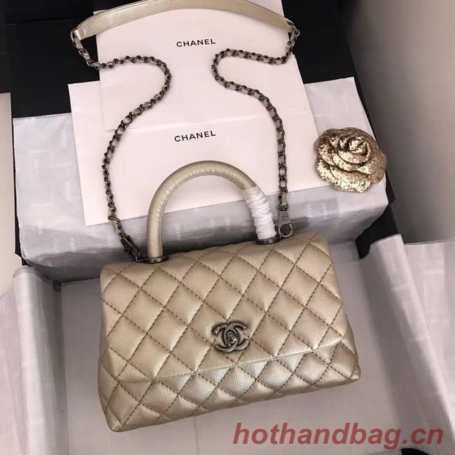 Chanel original Caviar leather flap bag top handle A92290 Light gold&silver-Tone Metal