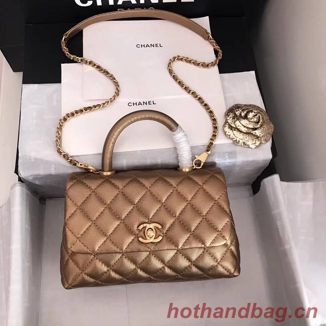 Chanel original Caviar leather flap bag top handle A92290 bronze&Gold-Tone Metal