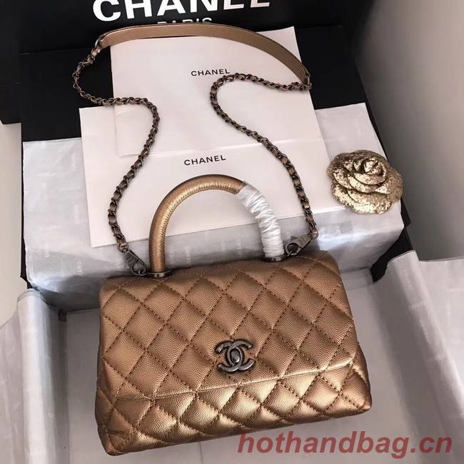 Chanel original Caviar leather flap bag top handle A92290 bronze&silver-Tone Metal