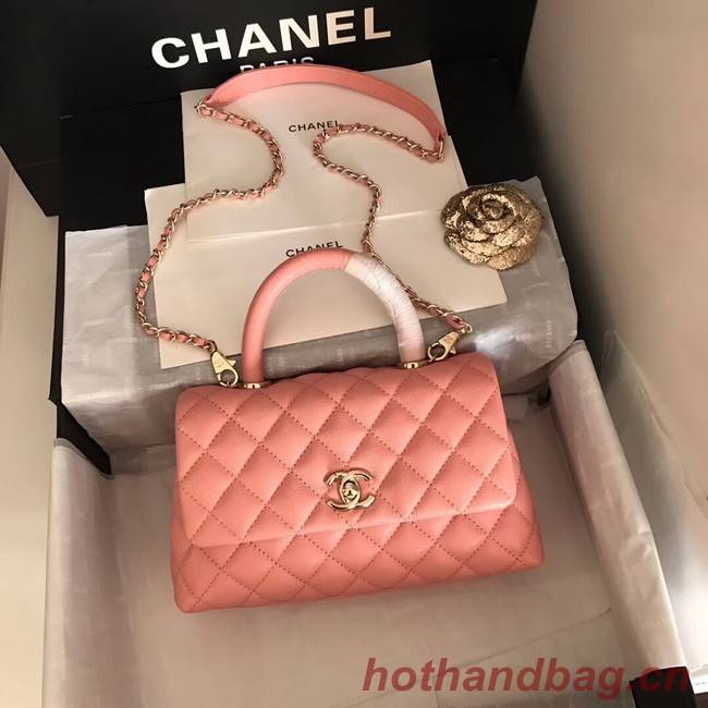 Chanel original Caviar leather flap bag top handle A92290 pink&Gold-Tone Metal