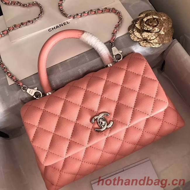 Chanel original Caviar leather flap bag top handle A92290 pink&silver-Tone Metal