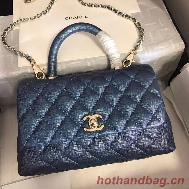 Chanel original Caviar leather flap bag top handle A92290 blue &gold-Tone Metal