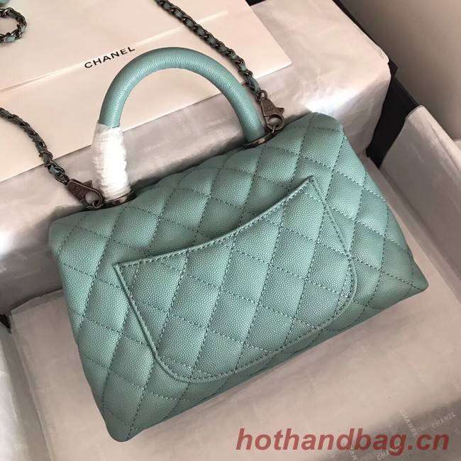 Chanel original Caviar leather flap bag top handle A92290 green &Silver-Tone Metal