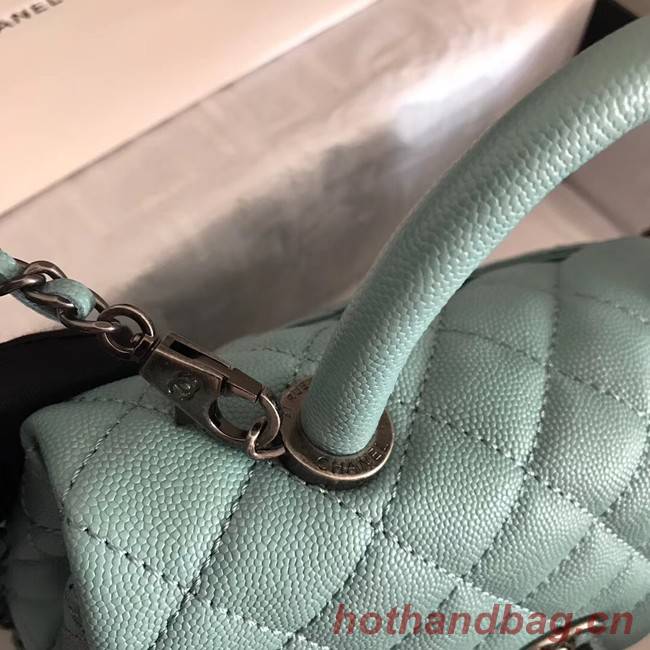 Chanel original Caviar leather flap bag top handle A92290 green &Silver-Tone Metal