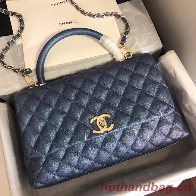 Chanel original Caviar leather flap bag top handle A92292 blue&Gold-Tone Metal