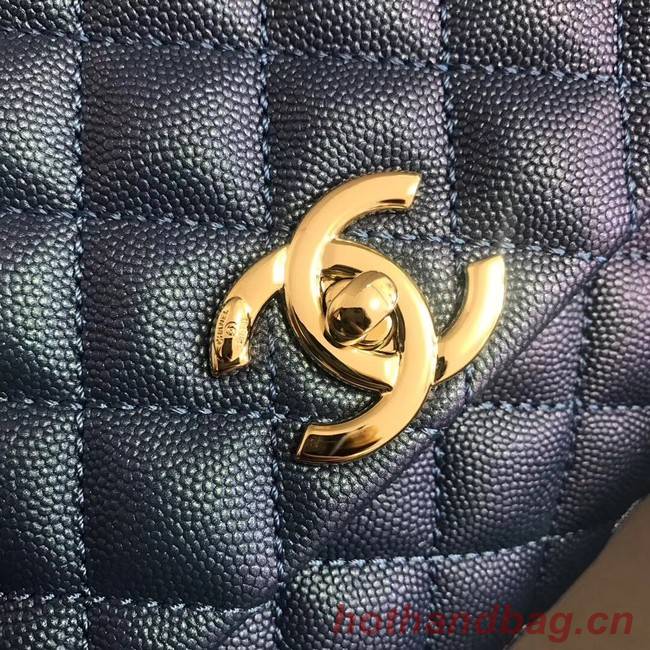 Chanel original Caviar leather flap bag top handle A92292 blue&Gold-Tone Metal