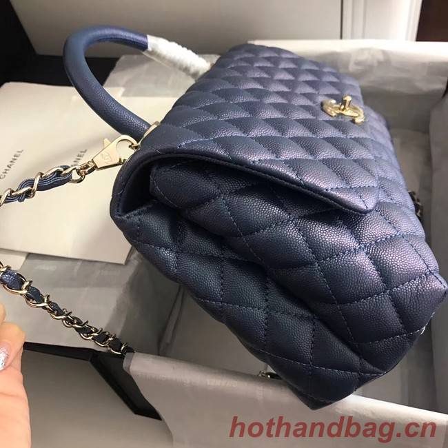 Chanel original Caviar leather flap bag top handle A92292 blue&Gold-Tone Metal