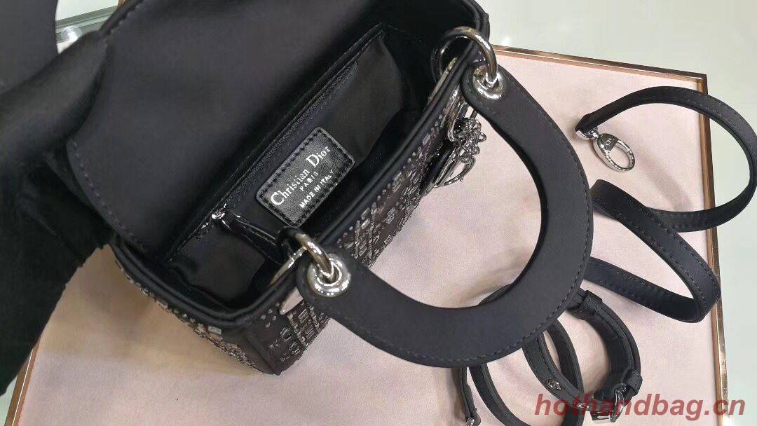 Dior Lady Original Silk Satin-Encrusted Satchel Bag 2369 Black