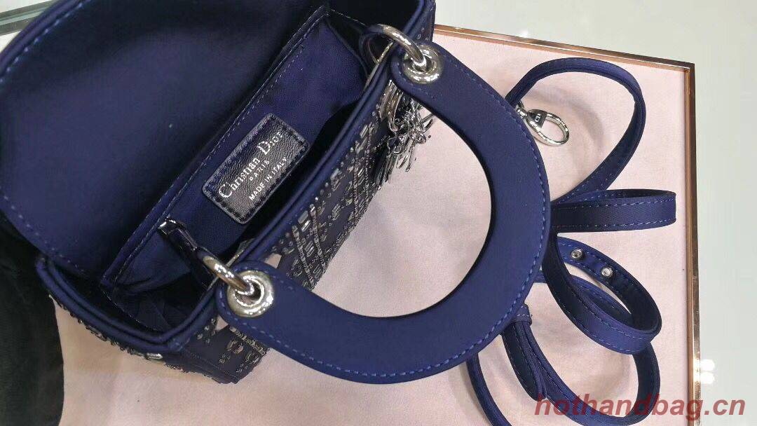 Dior Lady Original Silk Satin-Encrusted Satchel Bag 2369 Navy